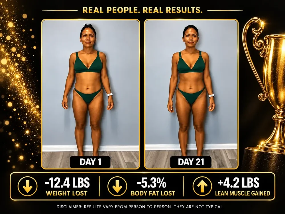 Woman's Day 1 and Day 21 before-and-after body transformation comparison
