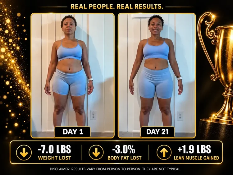Day 1 and Day 21 before-and-after comparison of a woman in a blue fitness set