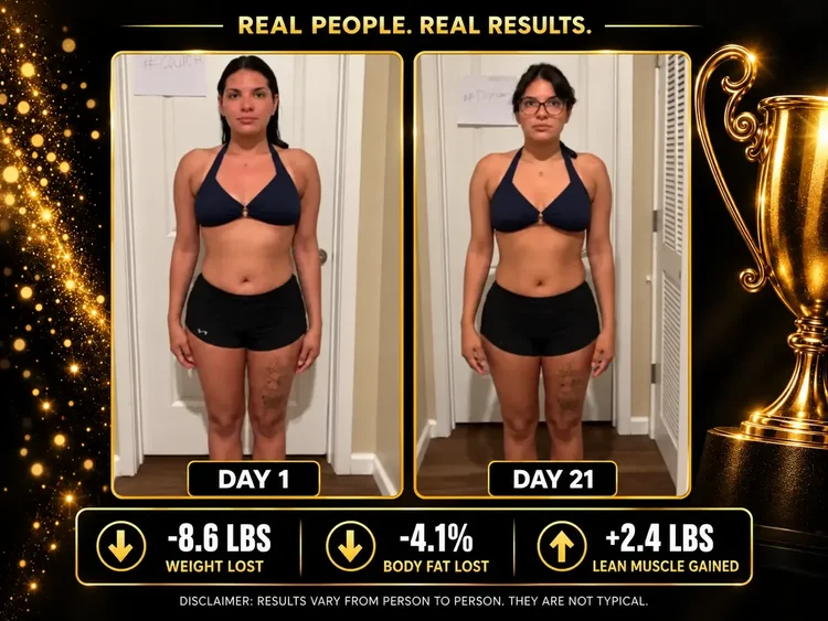Day 1 and Day 21 before-and-after comparison of a woman in navy bikini shorts