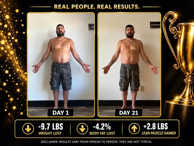 Day 1 and Day 21 before-and-after comparison of a man in cargo shorts