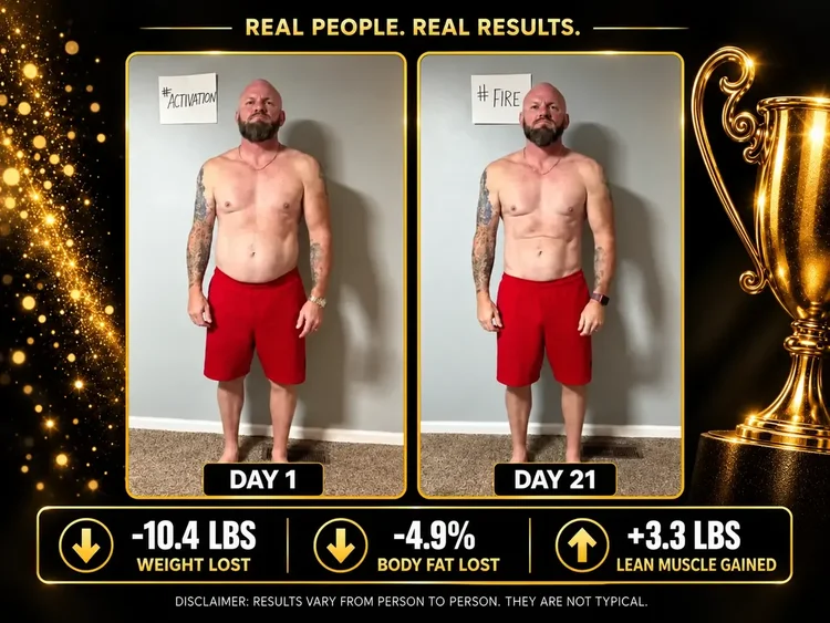 Day 1 and Day 21 before-and-after comparison of a man in red shorts