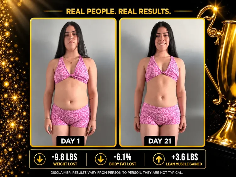 Day 1 and Day 21 before-and-after comparison of a woman in a pink fitness set