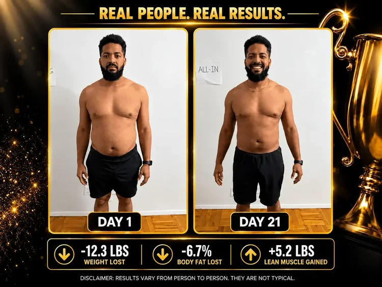 Day 1 and Day 21 before-and-after comparison of a bearded man in black shorts