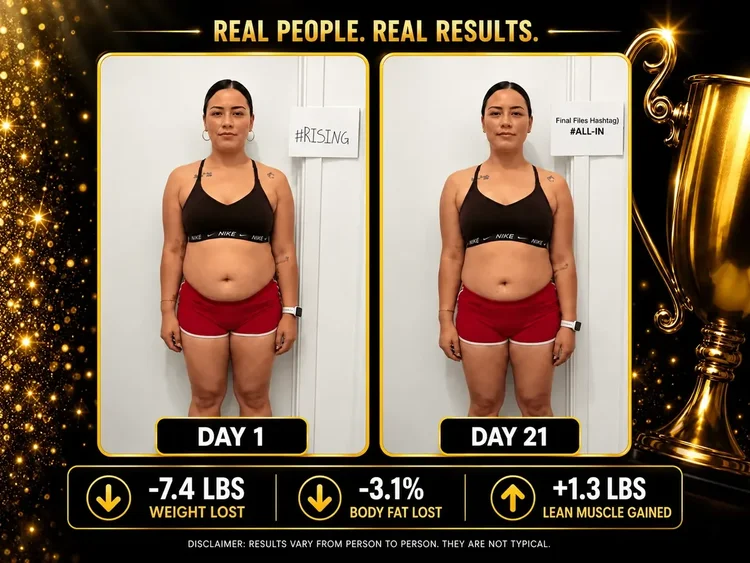 Day 1 and Day 21 before-and-after comparison of a woman in red shorts