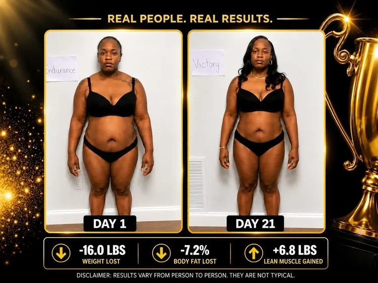 Day 1 and Day 21 before-and-after comparison of a woman in a black bikini