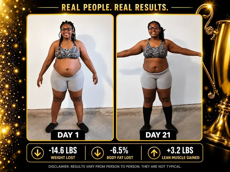 Day 1 and Day 21 before-and-after comparison of a woman in grey shorts
