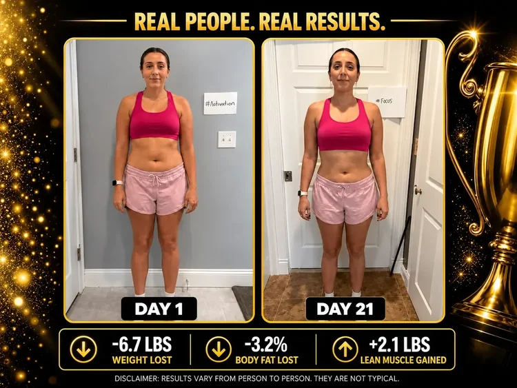 Day 1 and Day 21 before-and-after comparison of a woman in pink sportswear