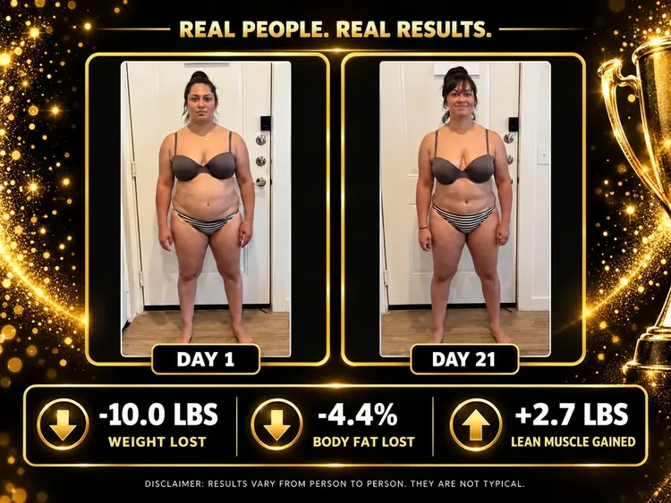 Day 1 and Day 21 before-and-after comparison of a woman in a striped bikini