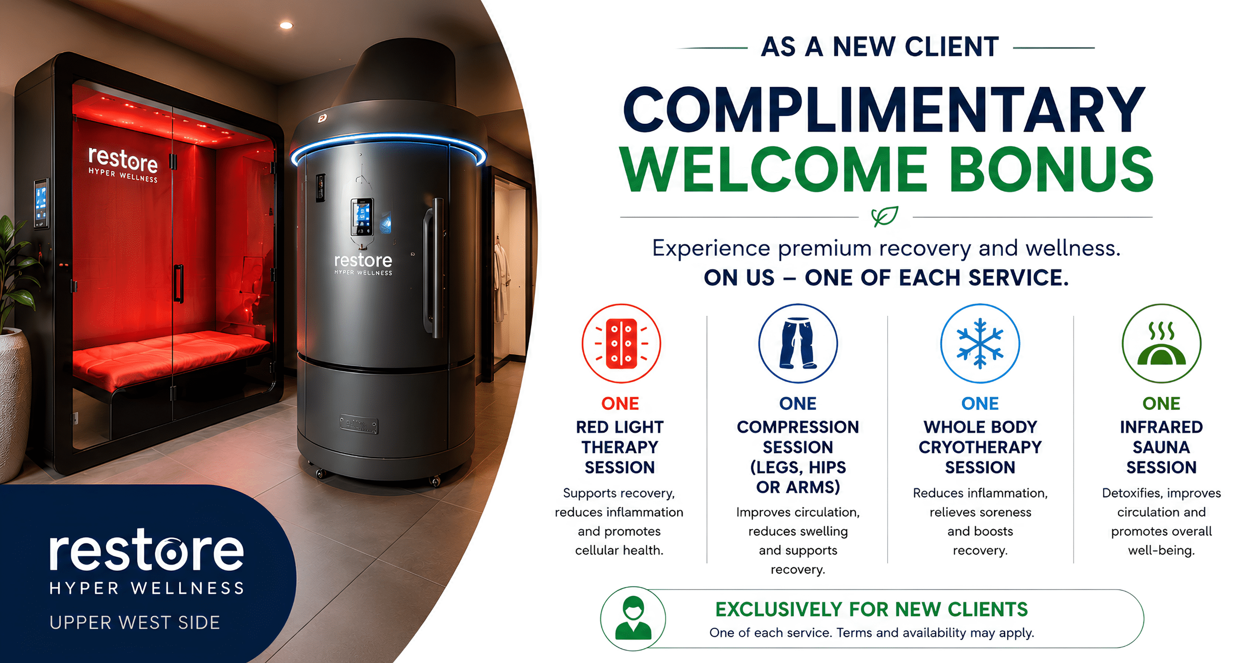 Promotional flyer for Restore Hyper Wellness offering a complimentary welcome bonus for new clients, with details of services including red light therapy, compression sessions, cryotherapy, and infrared sauna, and an image of wellness equipment in a spa setting.