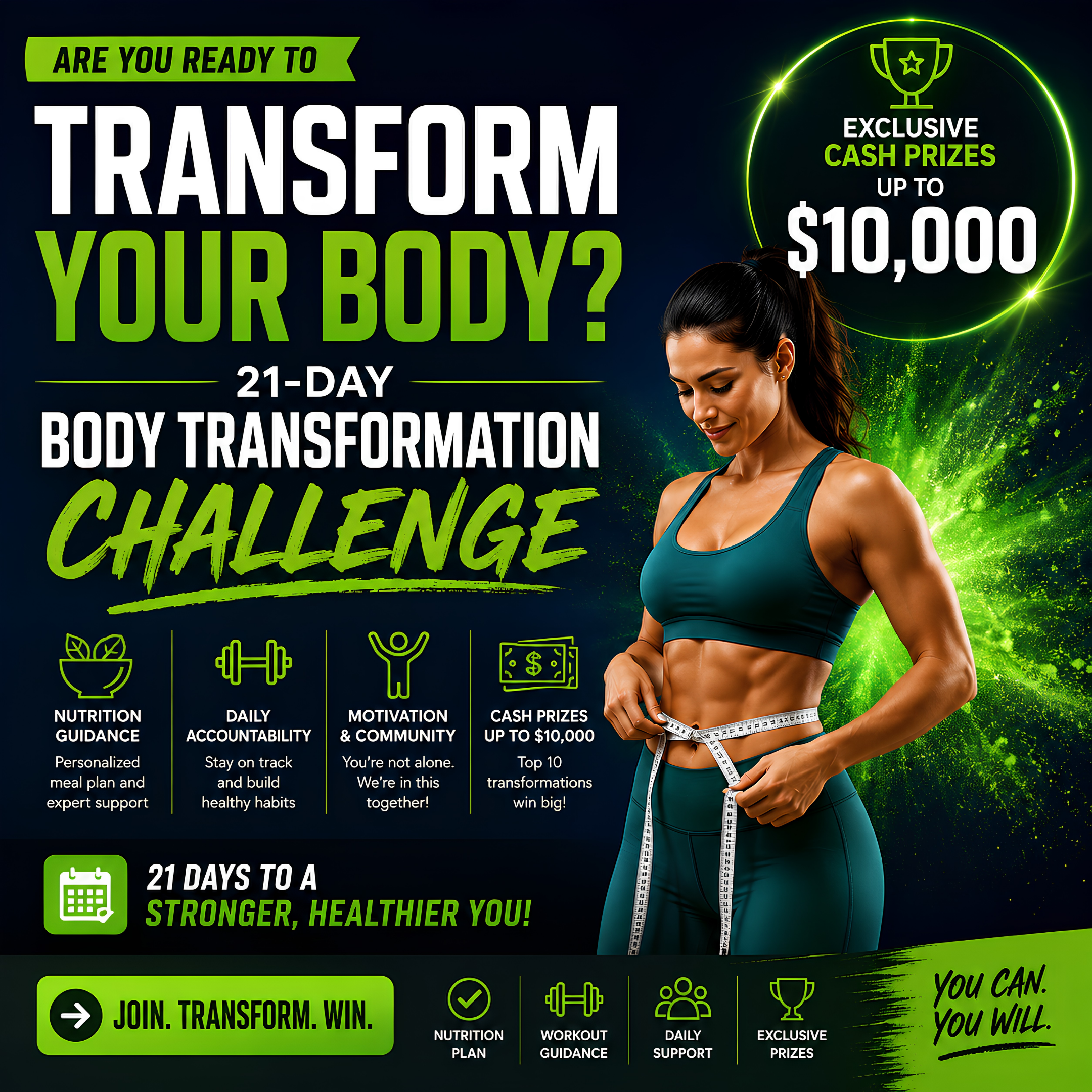 Transform your body with expert coaching, community support, and the chance to win up to $10,000 in cash prizes.