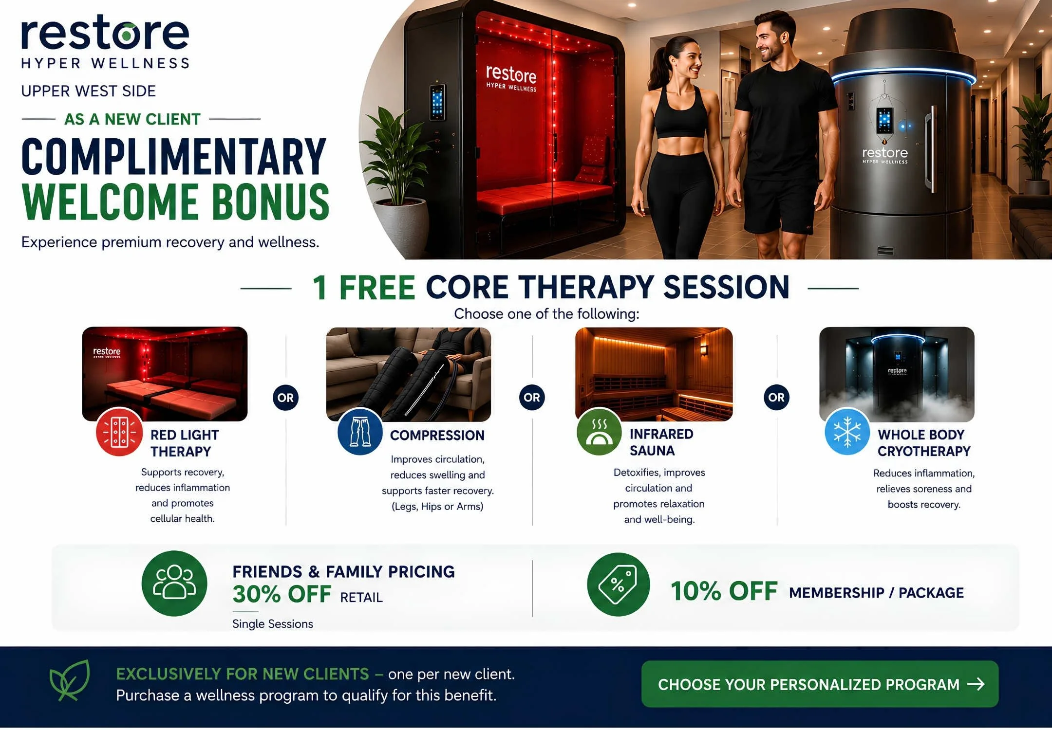 Complimentary red light therapy, sauna and compression boot for new clients at Restore NYC