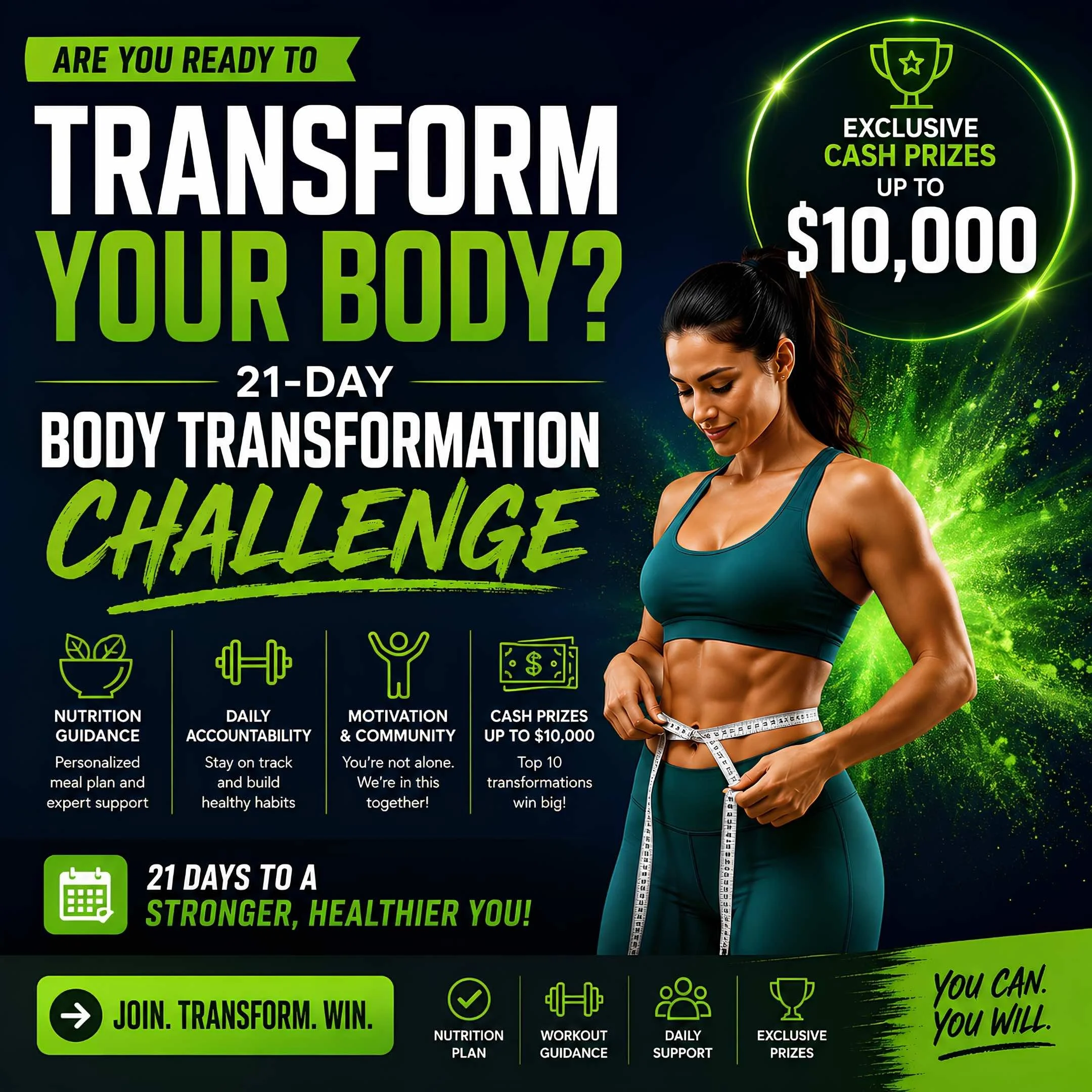 Transform your body with expert coaching, community support, and the chance to win up to $10,000 in cash prizes.