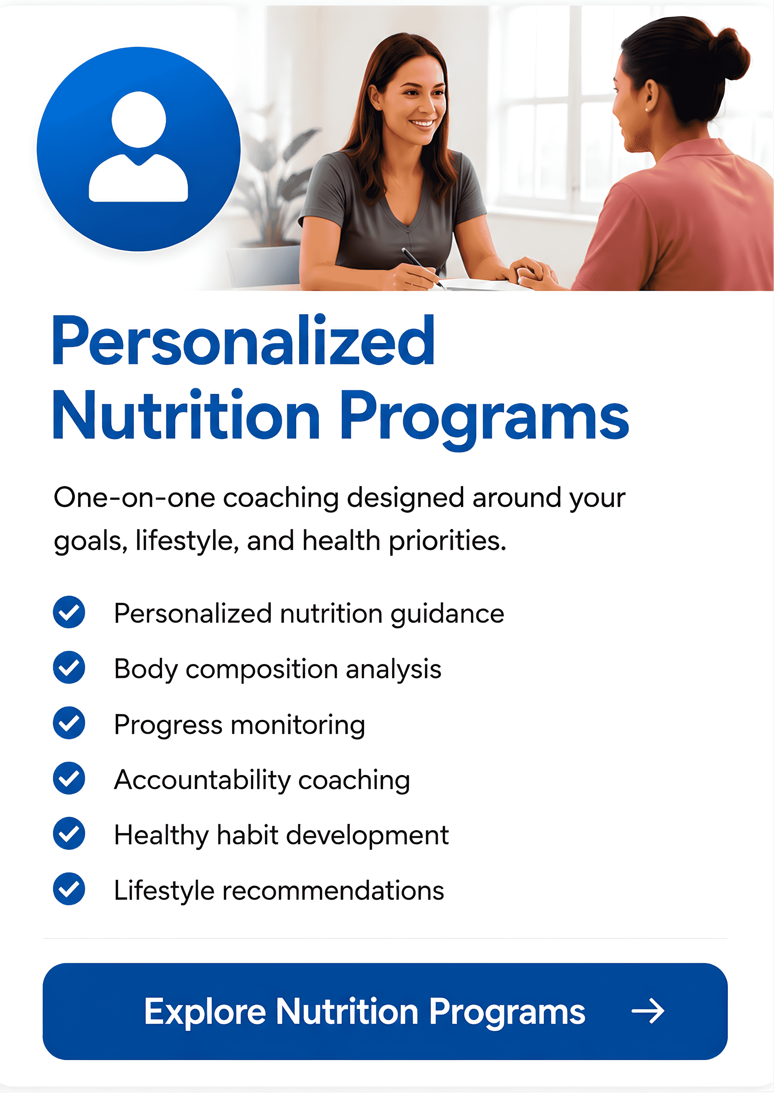 Personalized nutrition programs for weight loss, GLP-1 support nutrition, healthy aging and longevity, NAD+, nutrition for insulin resistance and overall health.