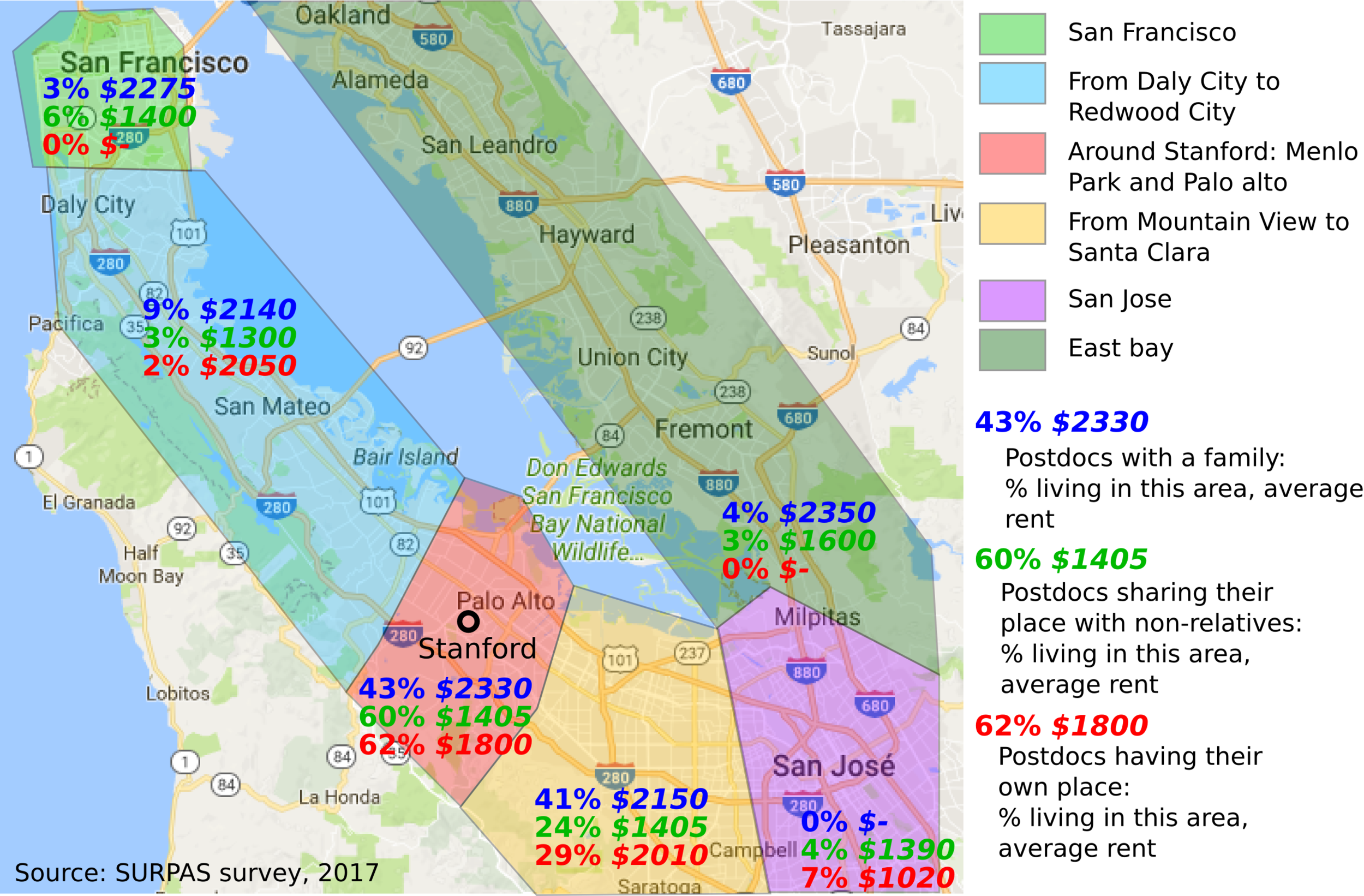 Map of 2017 Stanford Postdoc Rents