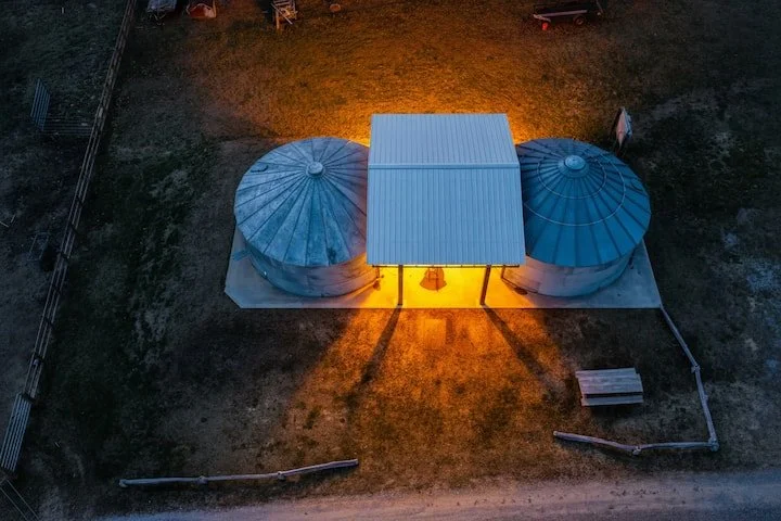 Aerial view of The Dual Silos from Southeast Pack Trips
