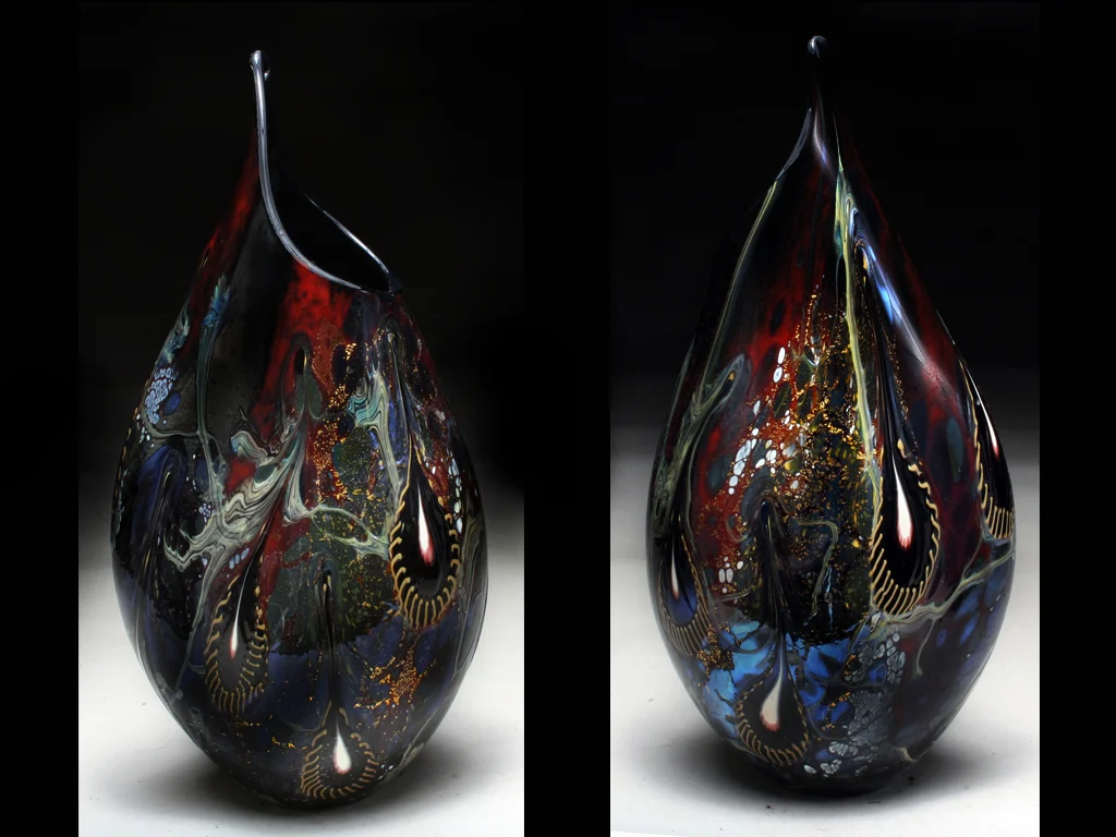 Cherry red tear drop paisley golden vase.jpg