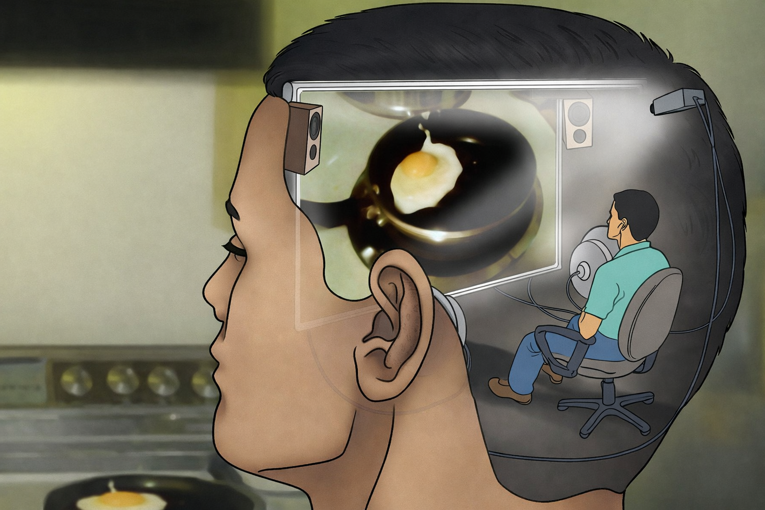 Illustration of a person's head with the inside showing a person sitting at a desk watching a large screen displaying an egg frying in a pan.