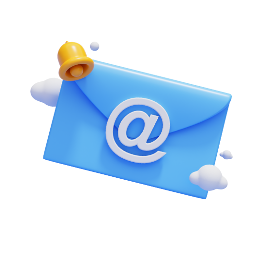 A digital illustration of an email envelope with an '@' symbol, surrounded by clouds and a yellow notification bell.