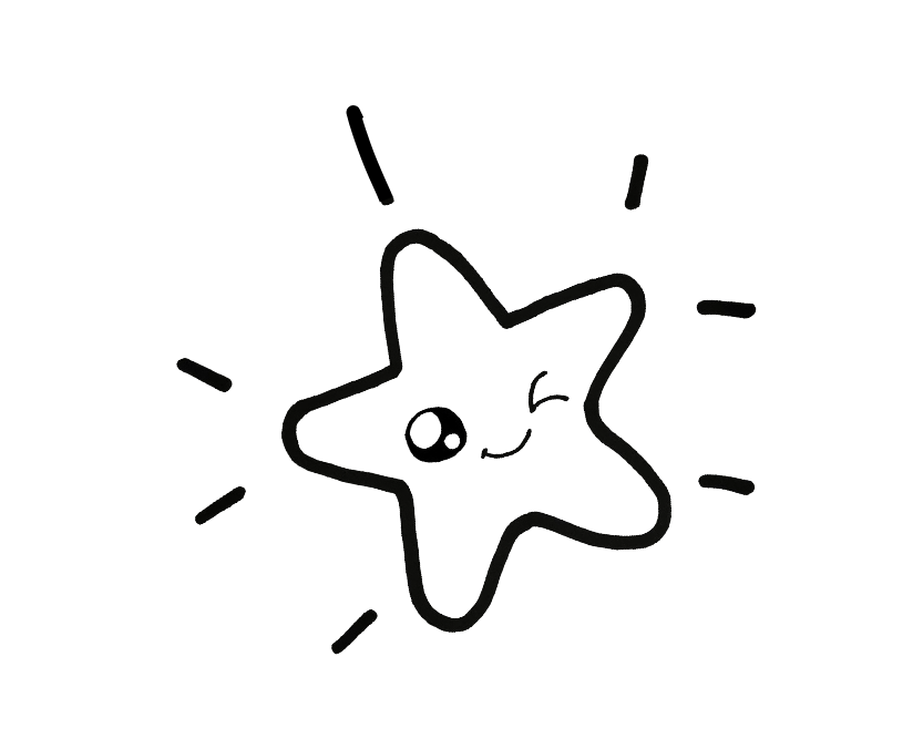 Cartoon drawing of a cute, smiling star with one eye winking and surrounded by light rays.