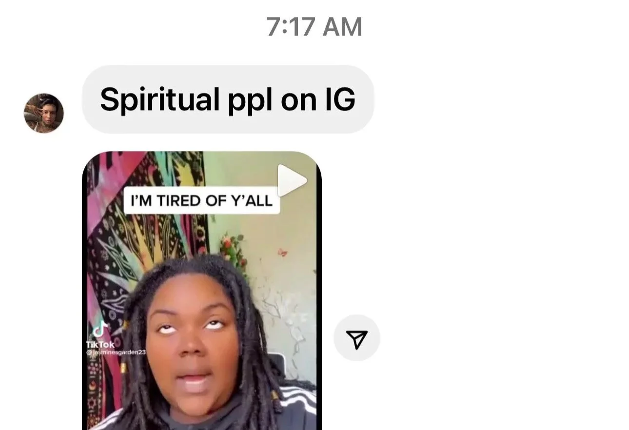A woman with dreadlocks and a black jacket making an eye-rolling expression in a video thumbnail. Behind her is a colorful tapestry with a black and white pattern and a plant. The video has a caption that says 'I'M TIRED OF Y'ALL'.