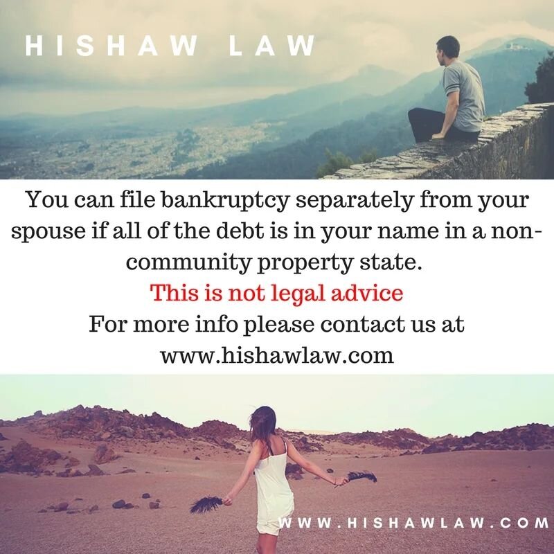 If you are married you can file bankruptcy separately. Give us a call, we can help. 

There are several types of bankruptcy.  The most common is Chapter 7 which gets rid of credit card and medical debt and Chapter 13's which stops the foreclosure of 