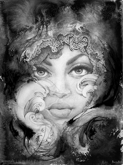 "Black Water Mermaid" (11x15in) Graphite, ink and acrylic on paper. (2016) Original artwork and prints are available for purchase HERE.