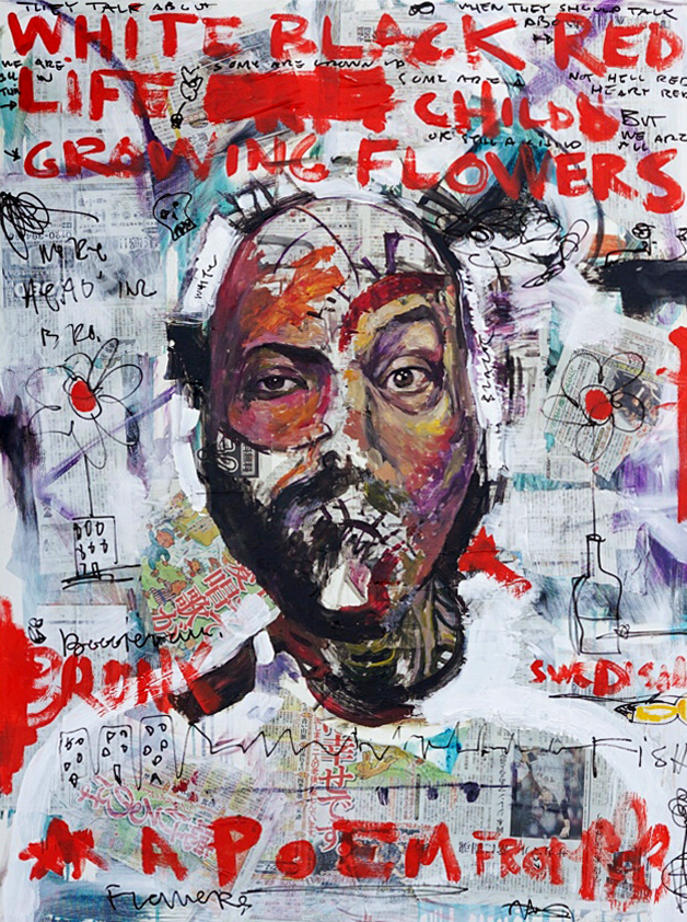 “White,black,red” - 36 x 48 in. - Mixed media on linen.