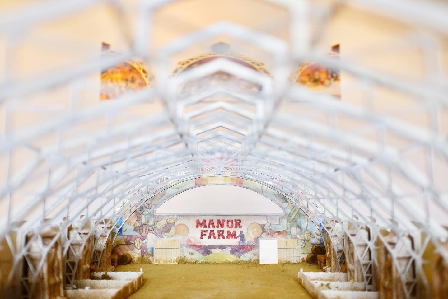 Manor Farm, 2023
1/8&rdquo; scale model, 1/16&rdquo; architectural drawing
20 x 42 x 11 inches, 24 x 36 inches
foam board, wood, paper, plastic, watercolor, acrylic, glue, found objects paper, pencil, coffee
.
A reimagining of the Hunt Armory here in