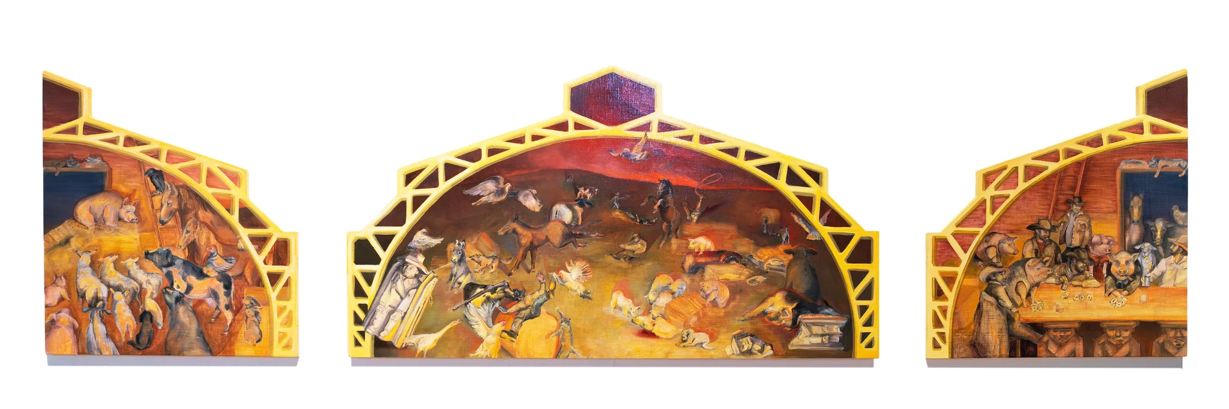   the dream, the revolution, the epilogue   72” × 20”, oil on panel, 2023  In Response to Orwell’s  Animal Farm , Ellis Gallery 