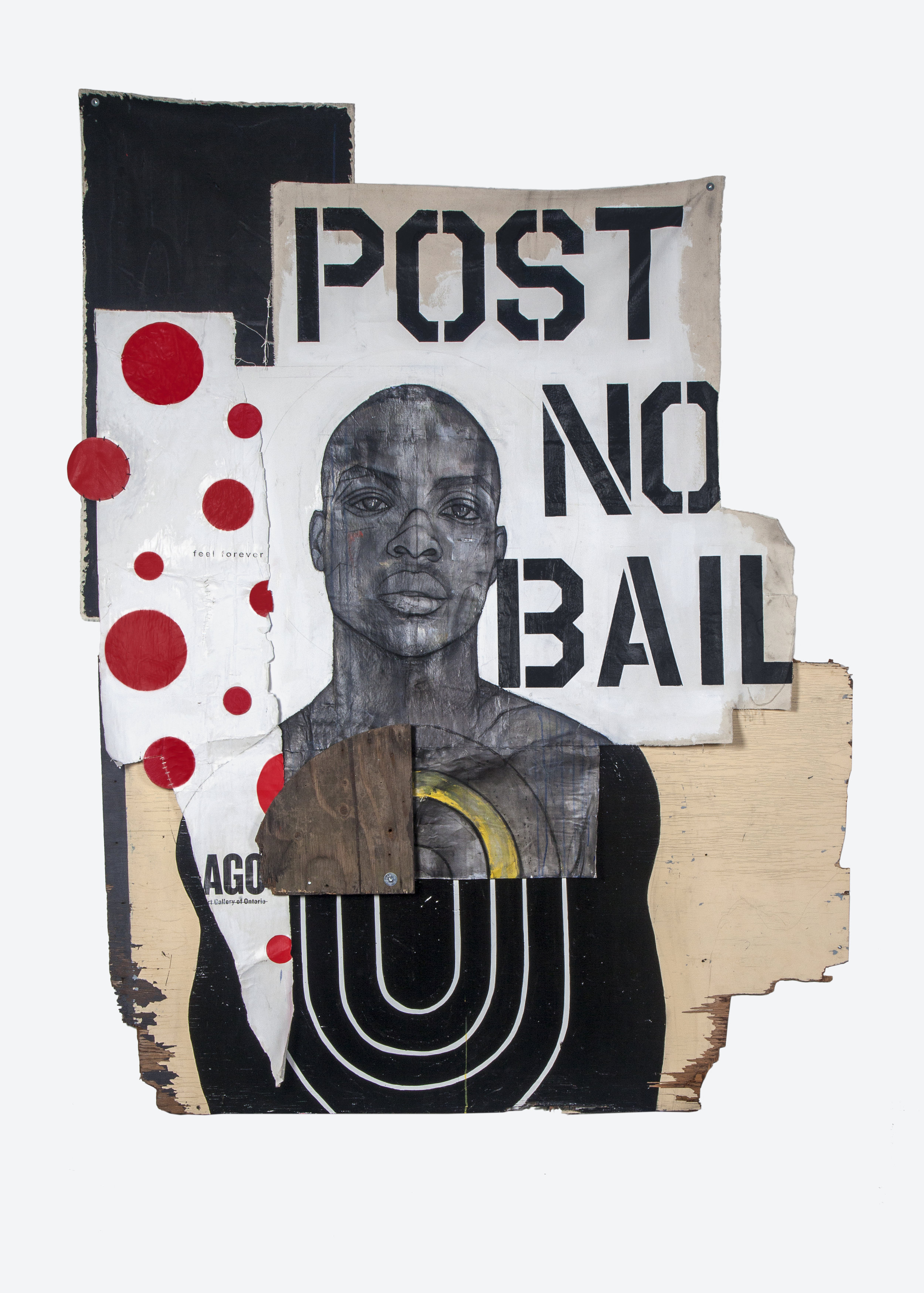  Untitled (Post no bail), 2018                                                                                                                 Acrylic, charcoal, pastel, billboard poster and reclaimed wood                                             