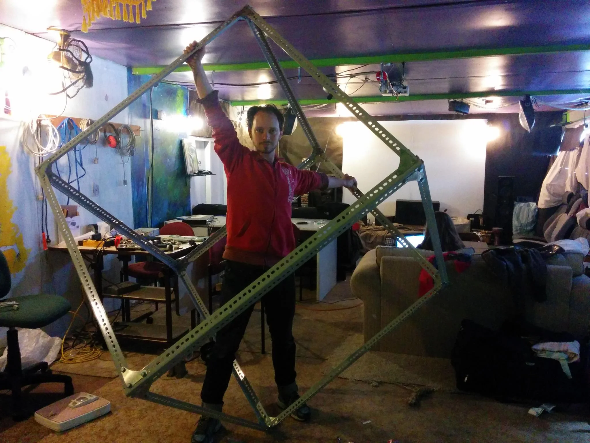 The first assembly of the frame, and my rather un-photogenic workshop