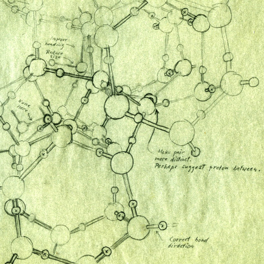 Roger Hayward’s draft image on the crystal structure of Ice II. Image source: Special Collections & Archives Research Center, Oregon State University Libraries.