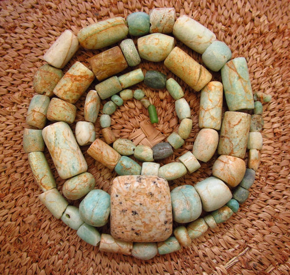 These gorgeous amazonite beads vary in shade from earthy tones to duck egg blue -for sale on this etsy site; lostcitiesbeads