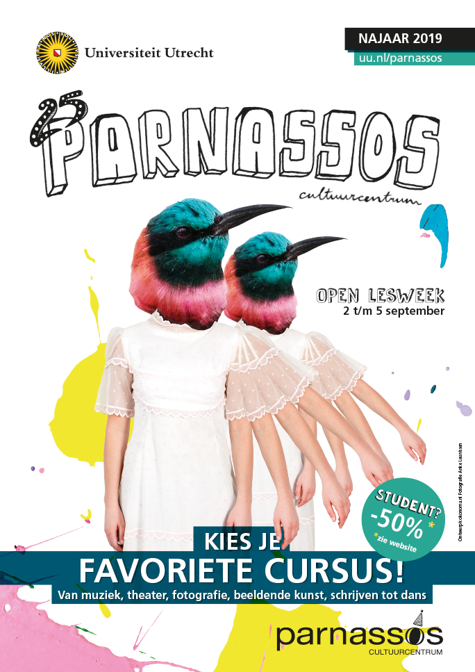 Parnassos Cultuurcentrum Parnassos is het cultuurcentrum van Universiteit Utrecht. Het is een bruisende culturele plek in het centrum van Utrecht, waar je uit meer dan 120 cursussen kan kiezen. Op het gebied van beeldende kunst, dans, muziek, fotografie, muziek, theater en meer. Ieder voor- en najaar verschijnen er een nieuwe cursusbrochures, flyers en posters. Hiervoor heb ik een veelzijdig concept bedacht waardoor ik iedere keer een fris en ander ontwerp kan creëeren. Door de jaren heen zal zich zo een verrassende en sterke huisstijl ontwikkelen. http://www.uu.nl/parnassos concept | ontwerp | visuele identiteit | artdirectie | fotografieconcept | illustratie | beeldredactie | opmaak | dtp | advies | communicatie | productiebegeleiding fotografie: Anke Leunissen visagie: Susan Vaessen model: José Konings