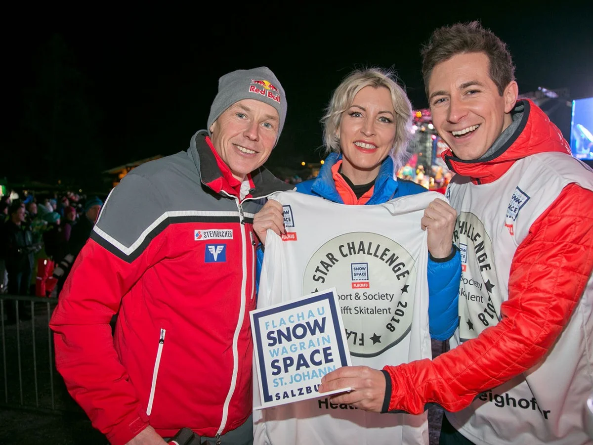 Left to right: Champion ski jumper and flyer Andreas GoldBerger (Flying up to 202 metres) Heather Mills & Radio, Television and Sports presenter Lukas Schweighofer. 