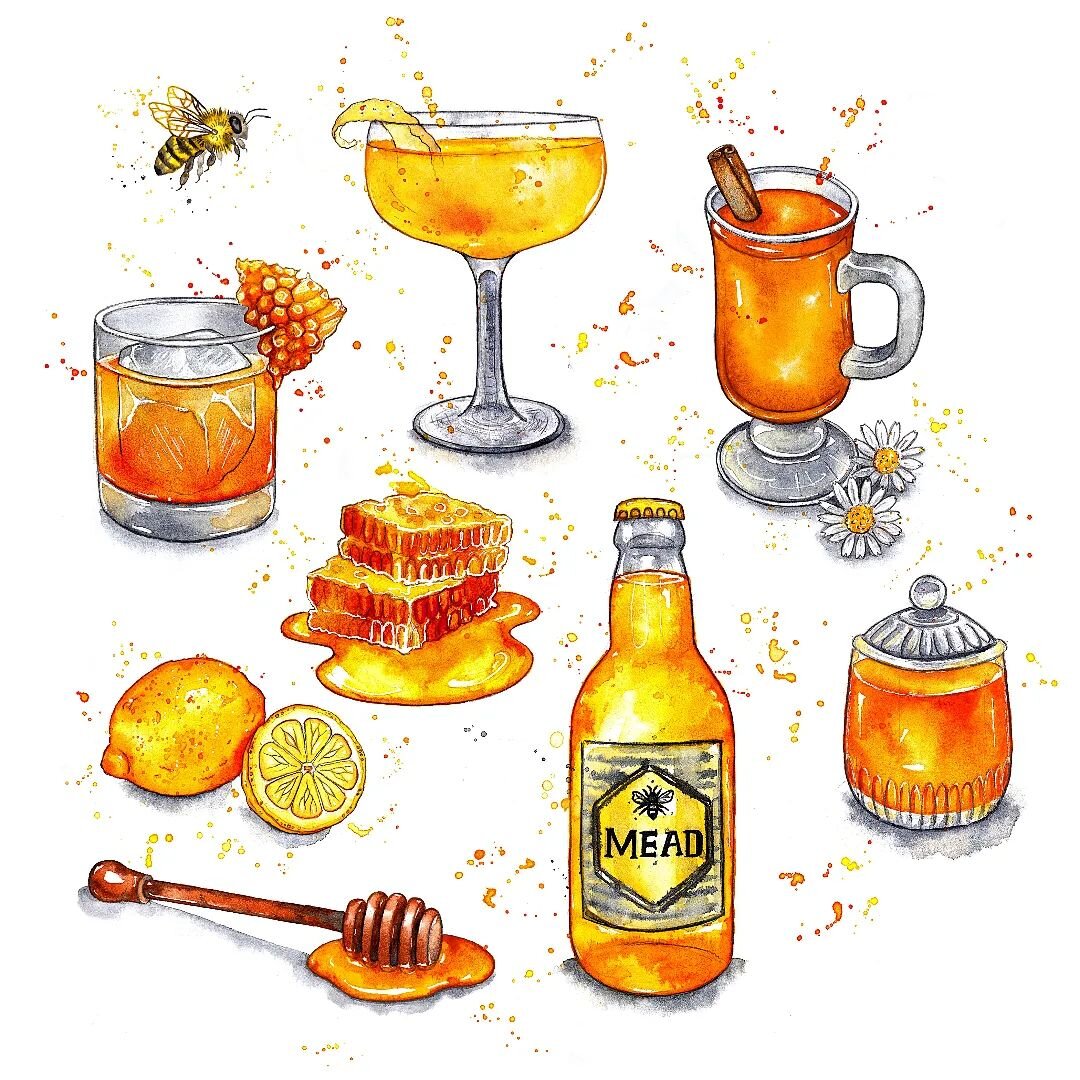 &quot;The Honey Book&quot; by Andrea Kirk Assaf, (&amp; illustrated by me) has now been published in the US ☺🐝🍯🎉 

Here's a little collection from the book of beverages that use honey in the recipe: gold rush and bee's knees cocktails, a hot toddy