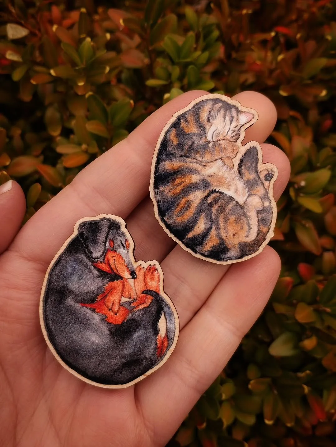 A little shop update is coming soon ✨️ 
Here's two new cosy wooden pins I made recently, with the help of the fabulous @zapcreatives 💚🇬🇧
#dachshund #tabbycat #pins