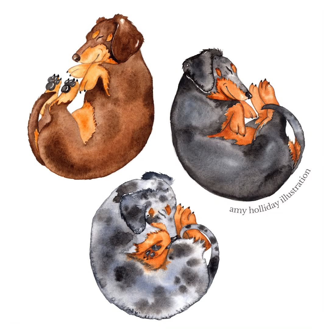 Sleepy sausages 🌭🌭🌭 I hadn't uploaded the scanned art for these yet! No splatters on these as they were done especially for keyring charms... they look so naked to me 😳🐾