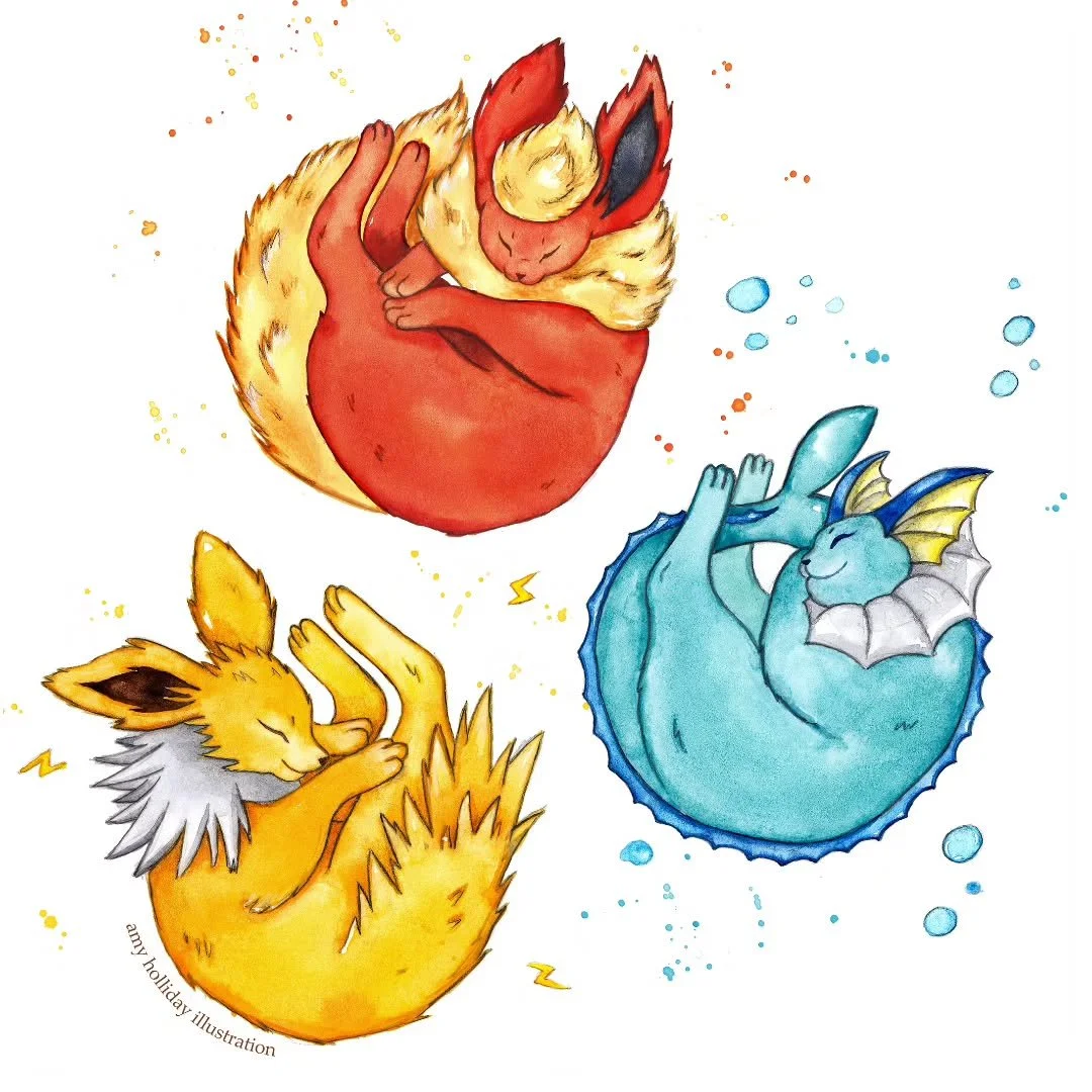Cosy OG eeveelutions 😴🌩🔥🌊 Do you have a favourite? I couldn't possibly commit to just one.. but then again I've always had a soft spot for fluffy flareons ❤️ 

I've yearned to paint watercolour pokemon for so long but until now they never made it