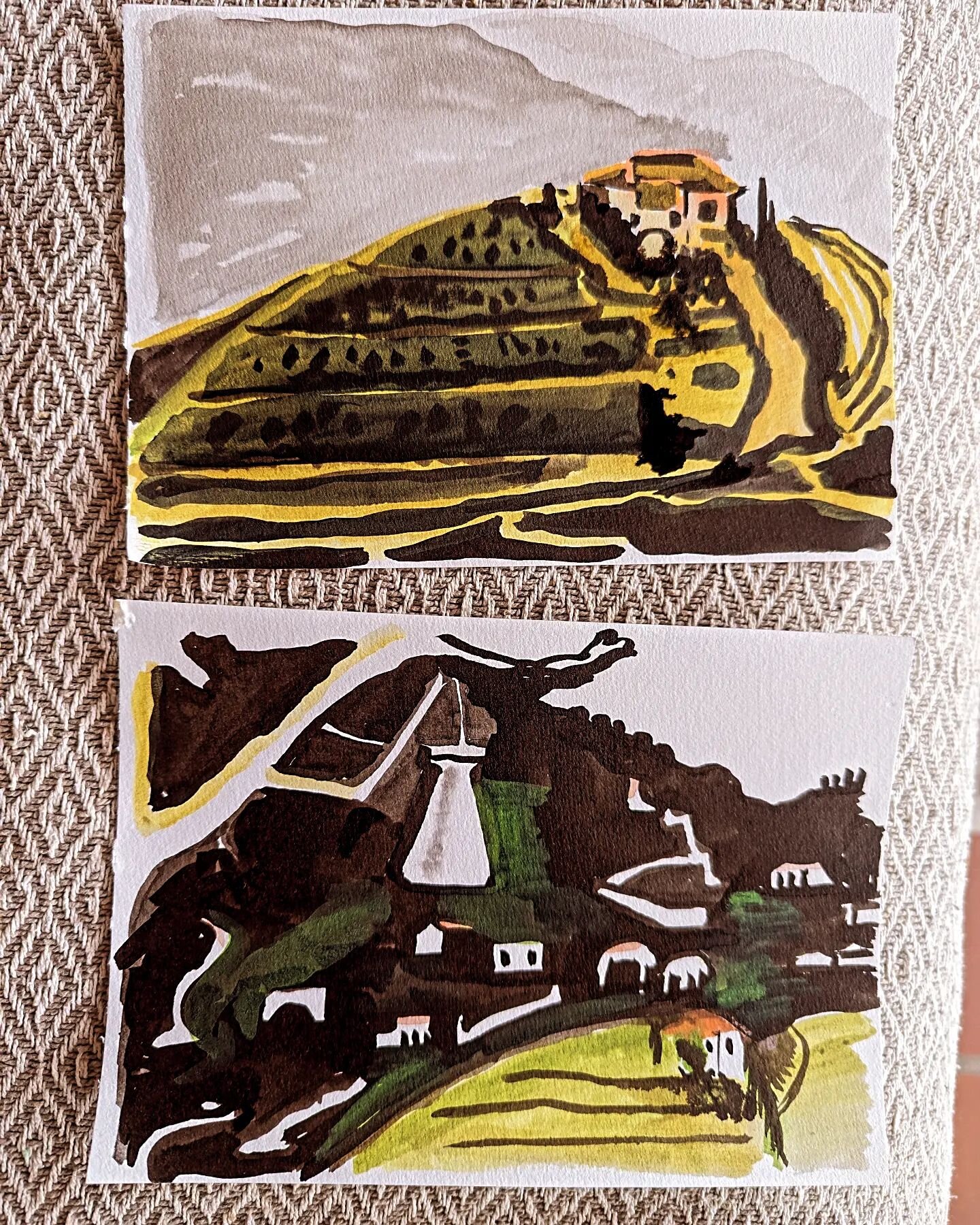 At last, on our little Andalucian trip I get my sketchbook out and the skies open. So views through a window and the incredible winding paths with tiny indications of white houses, including the one in direct view with a facial expression from its cu