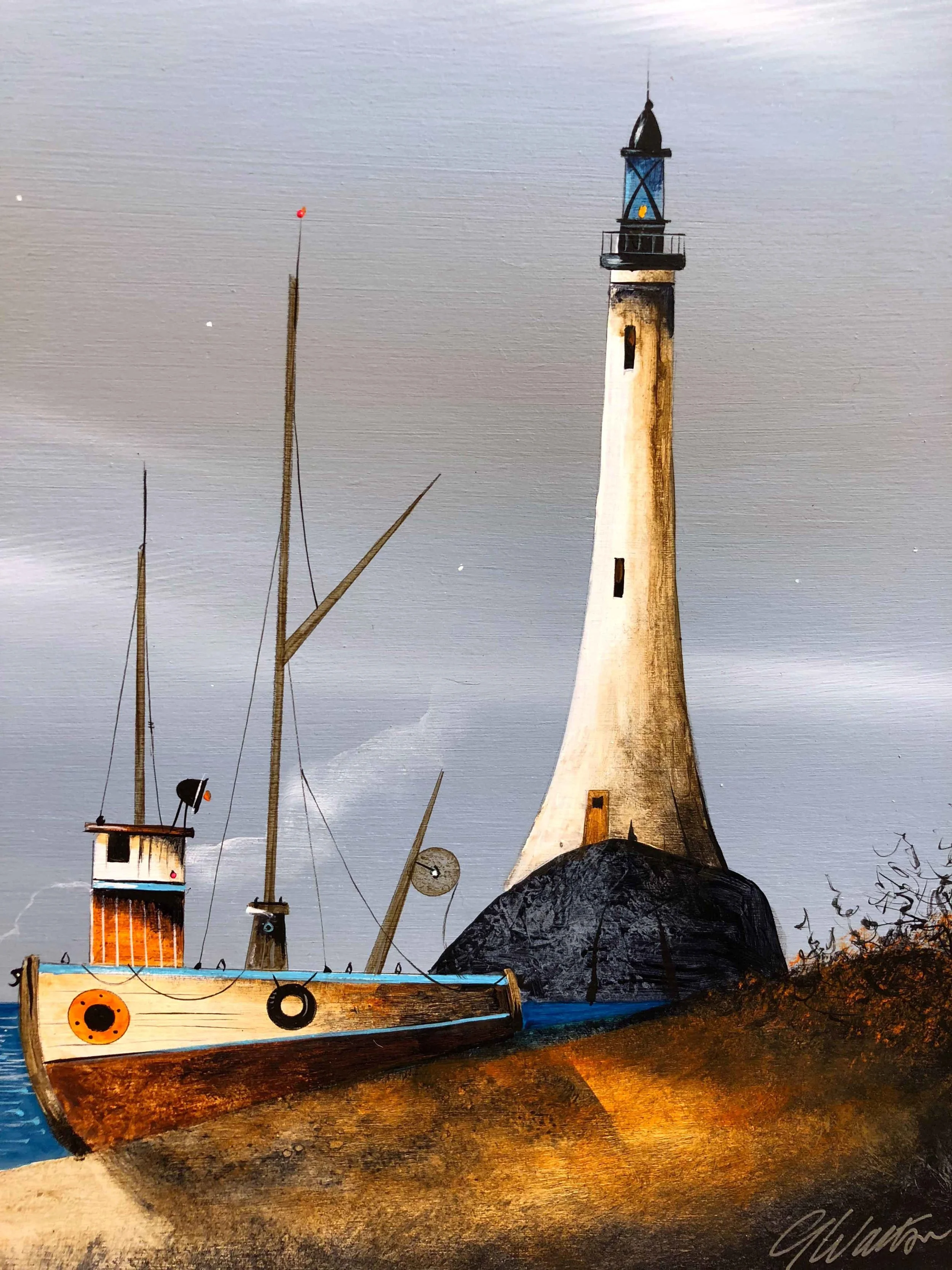 Gary Walton original painting boats lighthouse at abingdon gallery