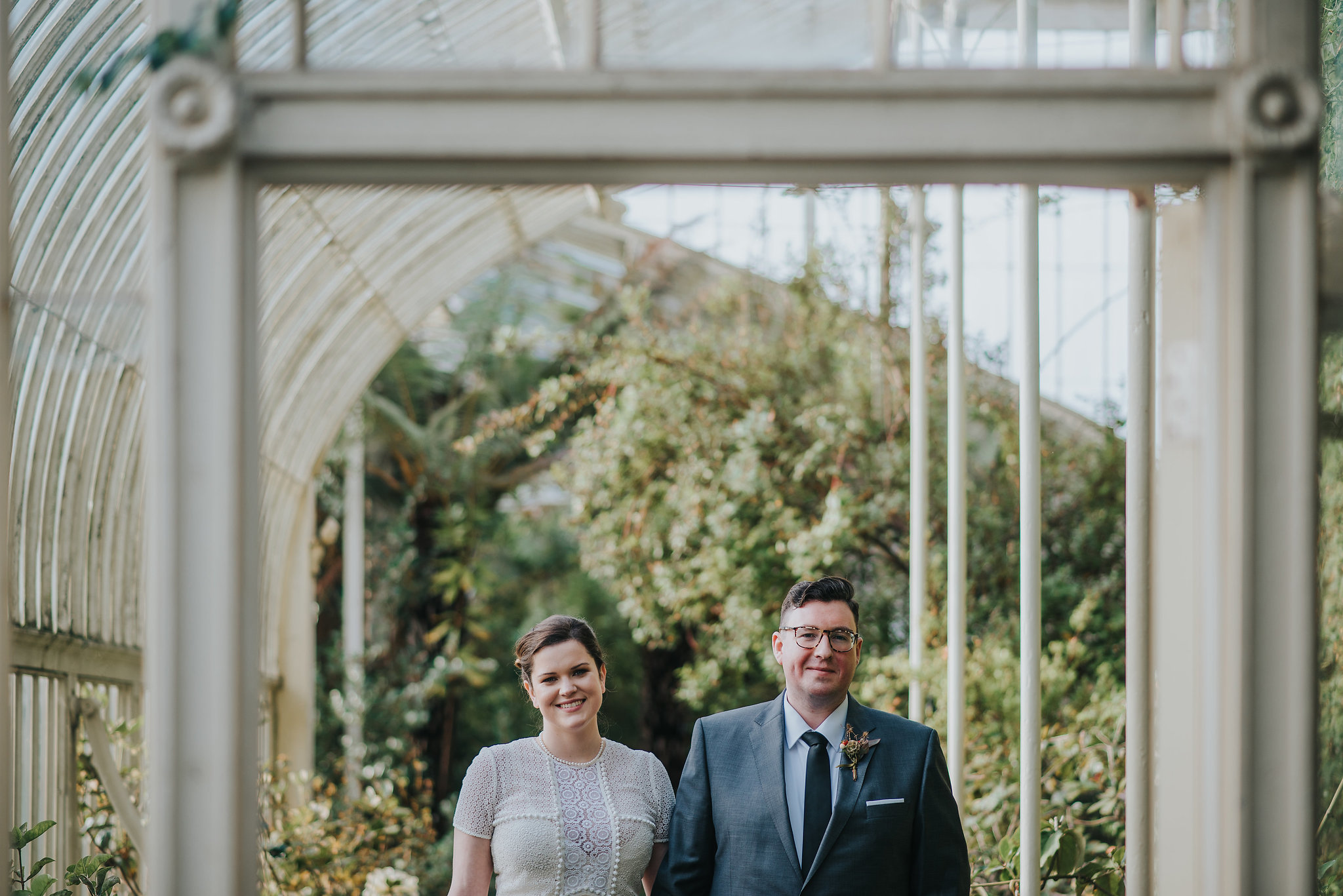 Bride and groom on their wedding day at the Botanic Gardens Dublin