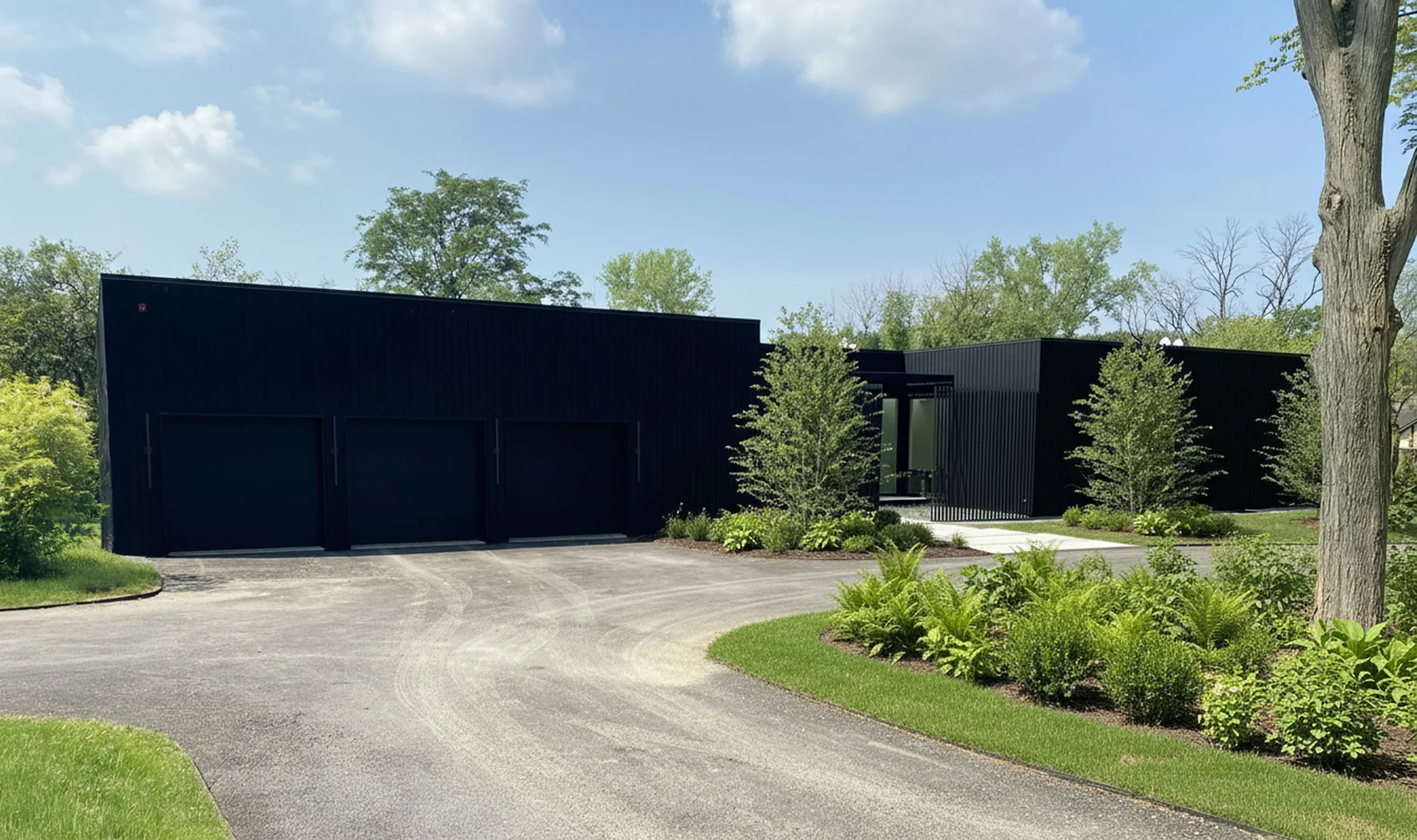 Modern black house with a curved driveway, landscaped yard with small trees and shrubs, surrounded by tall trees, under a blue sky.