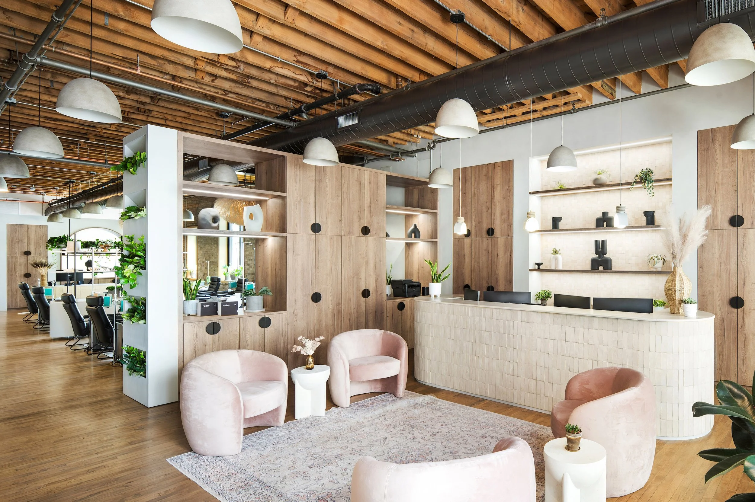 Modern office reception area with light-colored curved desk, pink velvet chairs, and green plants on shelves and tables, featuring wooden accents and exposed ceiling