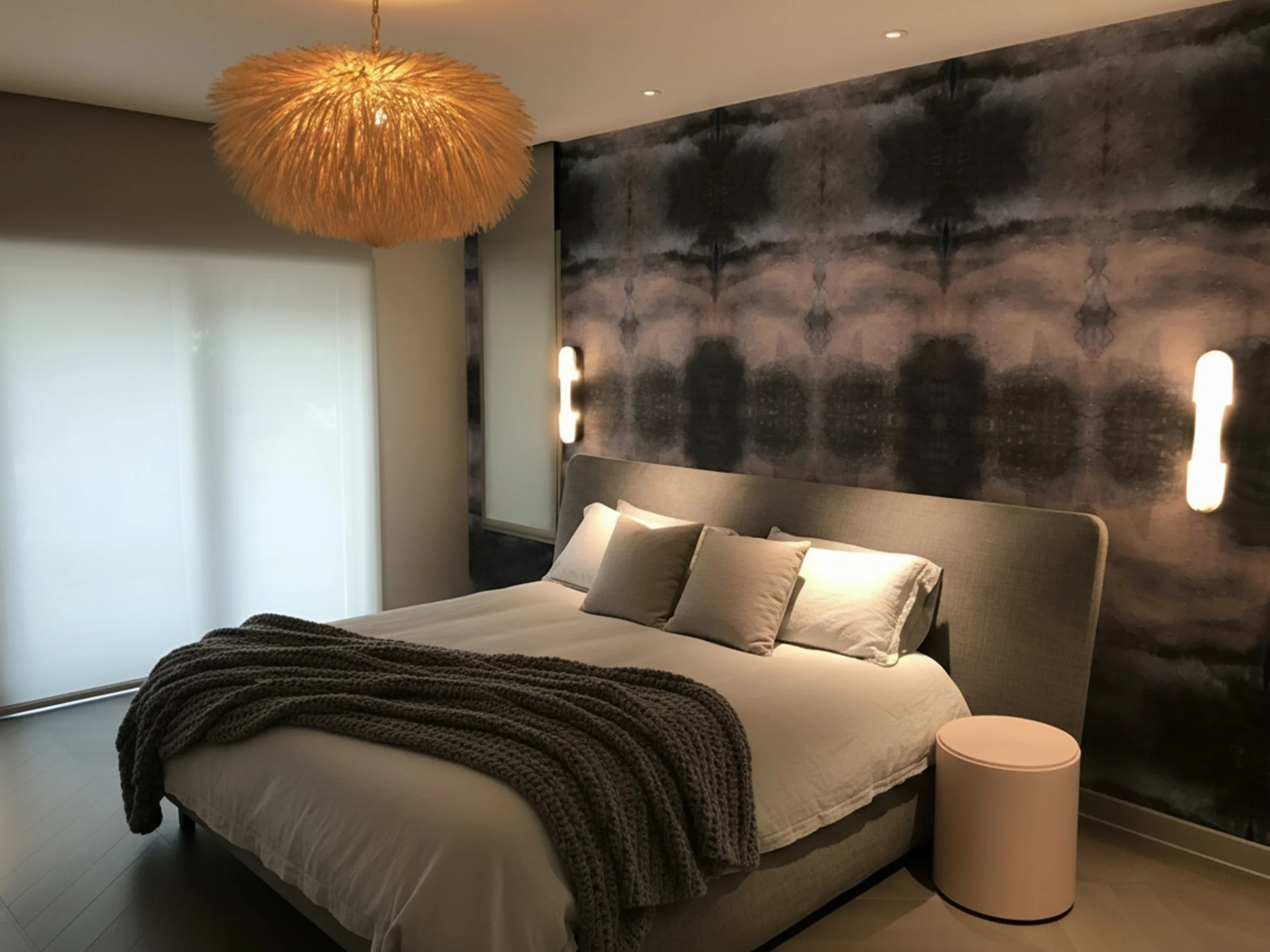 Modern bedroom with a large bed, beige headboard, three pillows, a dark knitted blanket, and a pink round nightstand. The wall behind the bed has dark, abstract artwork. There are two vertical wall-mounted lights on either side of the bed, a large te