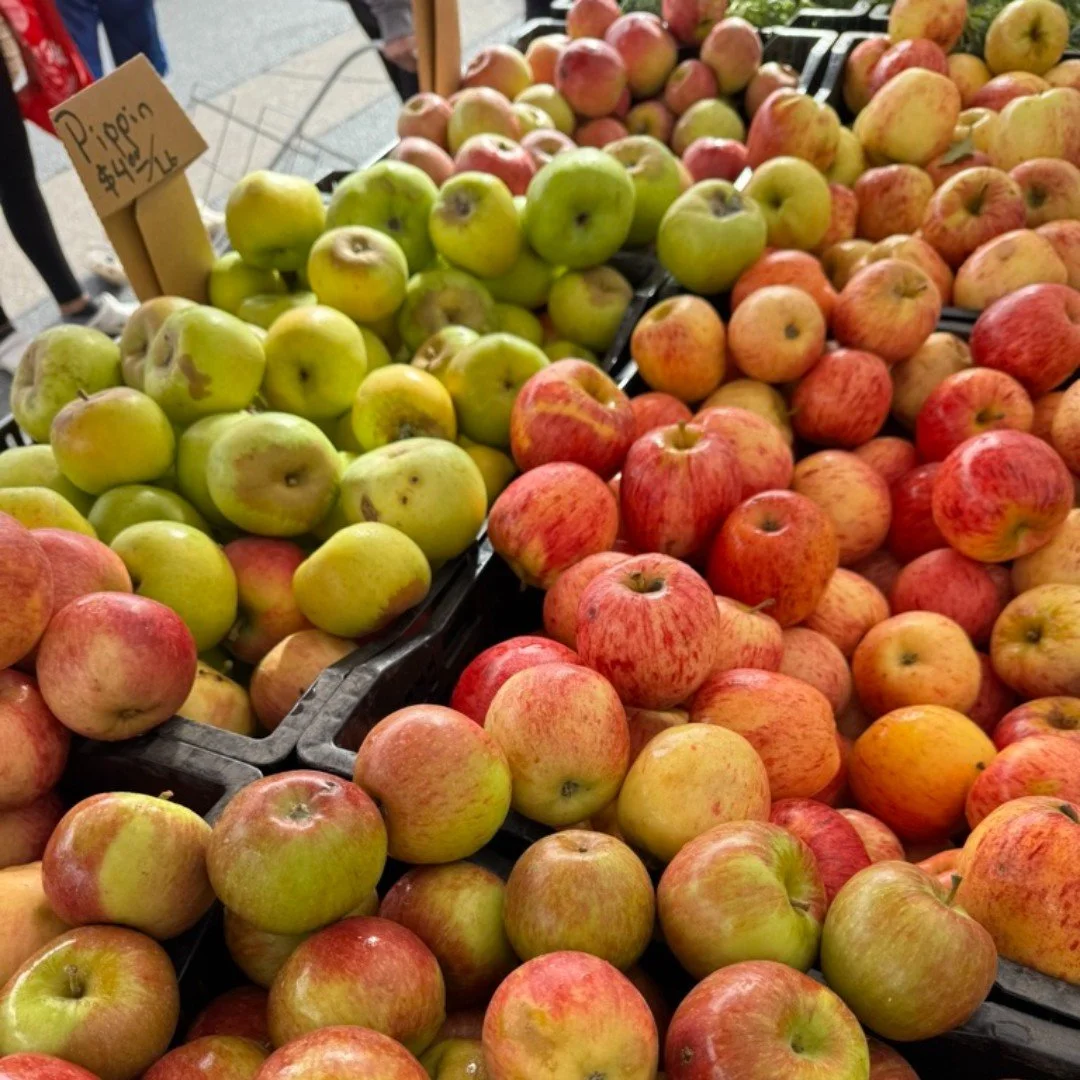 Apples to apples!  The farmers' market is your source for local hand-picked apples!  After the fall harvest, apples can be kept in cold-storage far into the winter months!  Thank goodness for that😉 Apple varieties can be found in range from sweet to