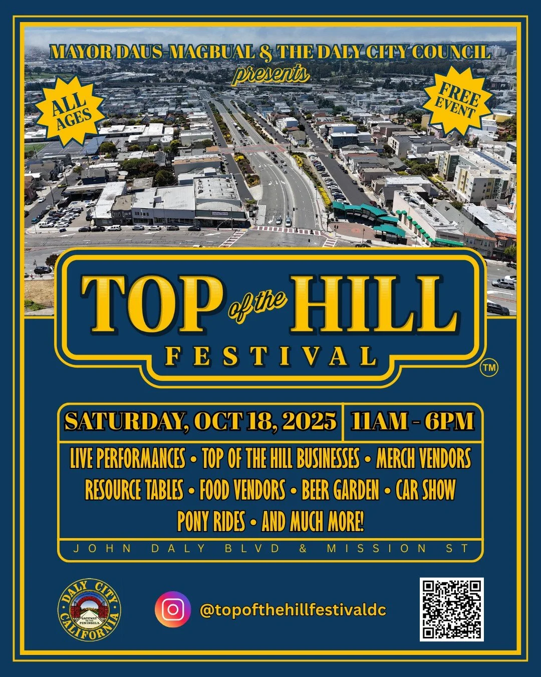 The Daly City Farmers' Market and several small farms will be participating in the @topofthehillfestivaldc this Saturday, October 18, 2025, from 11:00am to 6:00pm, located at John Daly Blvd. & Mission St.
This free, all-ages event, celebrates t