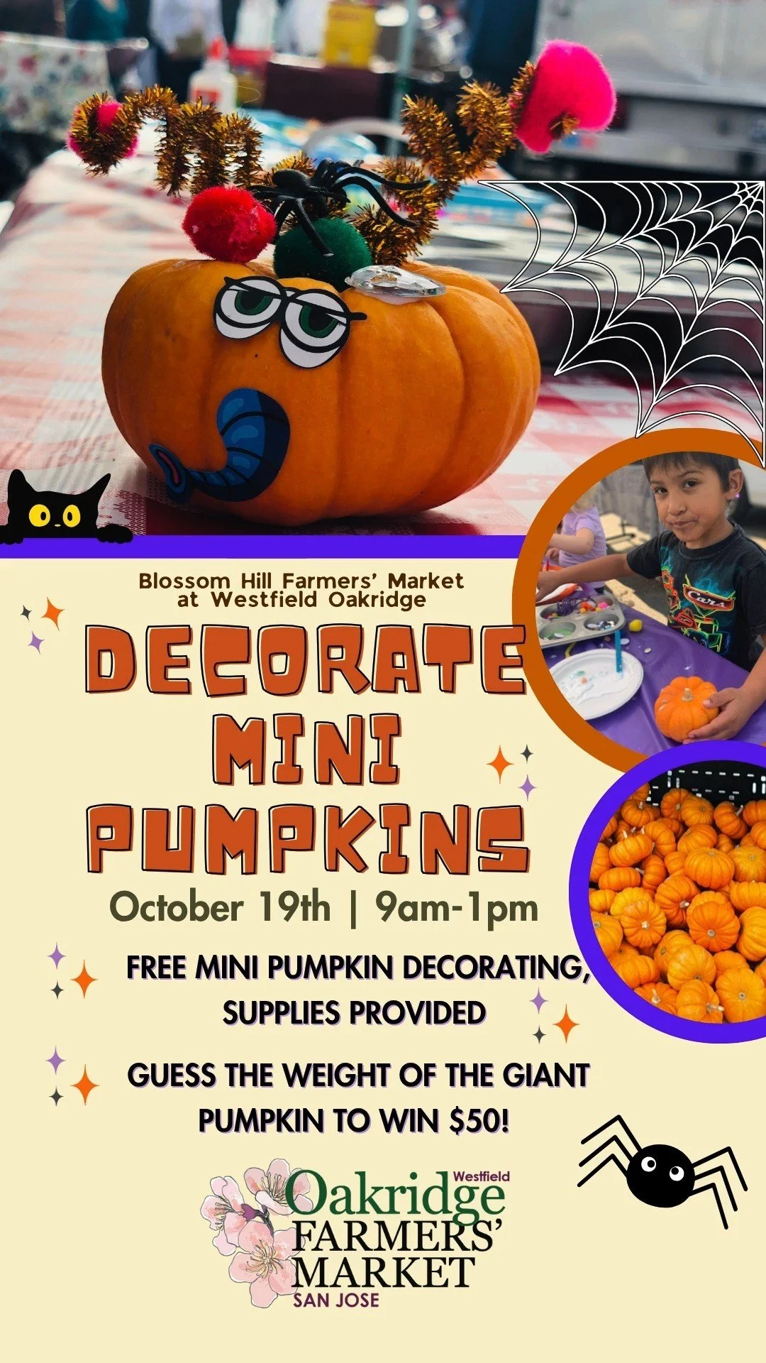Mini Pumpkin Decorating at the Oakridge Farmers' Market this Sunday, October 19th from 9am-1pm!
🎃 Children will love making custom mini pumpkins. There will be a variety of craft supplies available to make their very own festive work of art.
🎃Gue