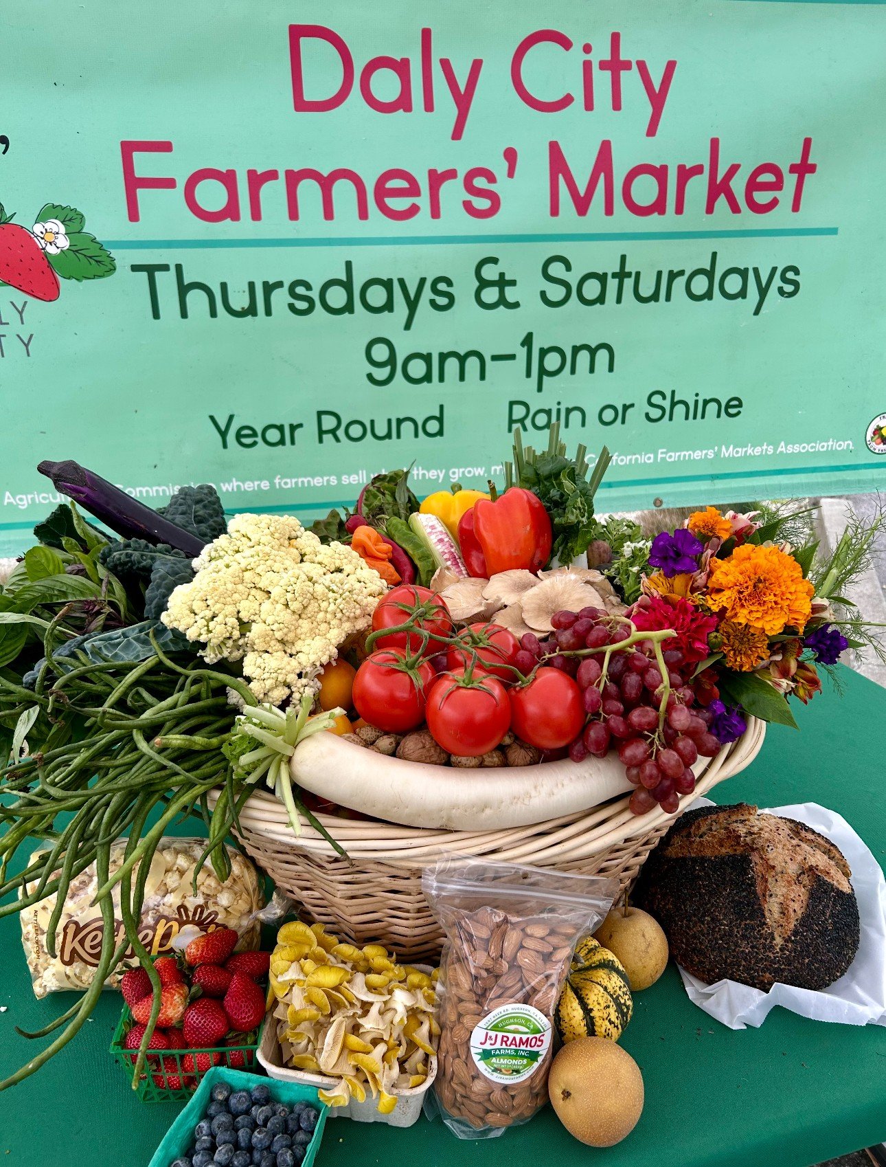 Seasonal abundance at the famers&rsquo; market looks a little something like this!  We raffle a market basket like this once a month!  Winning a basket like this can be a great gift to an entire household!  Enter the market basket raffle at the Info 