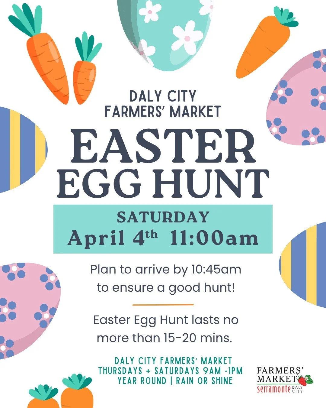🪺Easter Egg Hunt at the farmers' market Saturday, April 4th! 🥕 Join the egg hunt here at the Daly City Farmers' Market. 🐇 Eggs will be hidden amongst the produce for a twist on this fun childhood tradition.

🧺 Bring your own basket for the egg hu